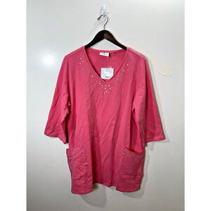 Quacker Factory Women’s Shirt Size 1X Pink NWTS Beaded Gems Pockets Casual Comfy